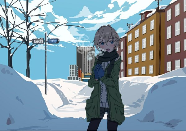 Anime picture 818x579 with idolmaster idolmaster cinderella girls anastasia (idolmaster) ciero single looking at viewer fringe short hair open mouth blue eyes standing sky silver hair cloud (clouds) ahoge grey hair sunlight open jacket shadow exhalation