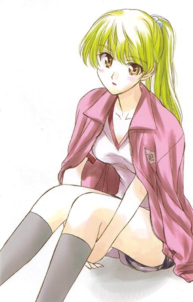 Anime picture 1625x2533 with school rumble sawachika eri single tall image blush open mouth blonde hair white background sitting brown eyes ponytail girl socks black socks