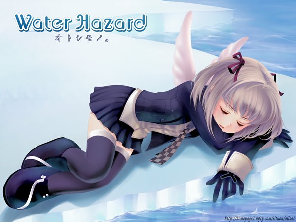 Anime picture 1024x768 with pangya kooh yori (shitsuon) single fringe short hair twintails lying eyes closed grey hair short twintails sleeping angel wings girl thighhighs gloves ribbon (ribbons) black thighhighs wings water