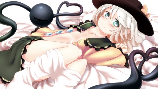 Anime picture 1920x1080 with touhou komeiji koishi dise single blush highres short hair wide image green eyes white hair lying open clothes girl hat