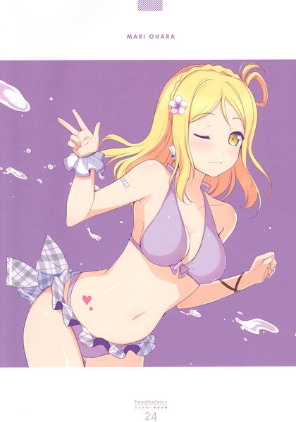 Anime picture 2389x3416 with love live! sunshine!! sunrise (studio) love live! ohara mari 6u (eternal land) single long hair tall image looking at viewer blush highres breasts light erotic blonde hair yellow eyes one eye closed hair flower wink character names victory
