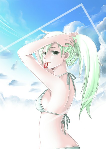 Anime picture 851x1202 with vocaloid hatsune miku orihara sachiko single long hair tall image looking at viewer fringe breasts smile standing holding green eyes sky cloud (clouds) ahoge ponytail green hair lips arms up