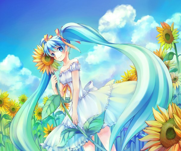Anime picture 1200x1000 with vocaloid hatsune miku temari (qqq 999) single looking at viewer blush standing bare shoulders holding sky cloud (clouds) very long hair aqua eyes aqua hair alternate costume girl dress flower (flowers) ribbon (ribbons) plant (plants)