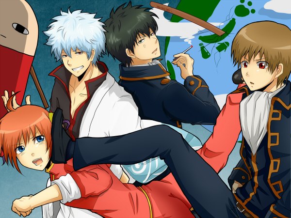 Anime picture 1200x900 with gintama sunrise (studio) sakata gintoki kagura (gintama) hijikata toshiro okita sougo short hair open mouth blue eyes black hair smile red eyes brown hair brown eyes green eyes pink hair silver hair japanese clothes hair bun (hair buns) chinese clothes