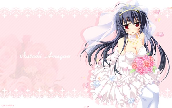 Anime picture 1920x1200 with karumaruka circle amagase natsuki moribe (rabumanyo) single long hair looking at viewer highres light erotic black hair red eyes wide image bare shoulders wedding girl dress gloves flower (flowers) petals pendant bouquet