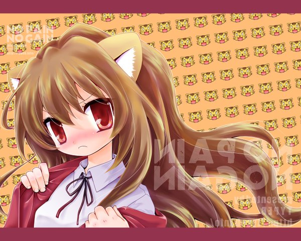 Anime picture 1280x1024 with toradora j.c. staff aisaka taiga nayumi single long hair looking at viewer blush fringe red eyes brown hair animal ears upper body head tilt cat girl floating hair face frown tiger ears girl