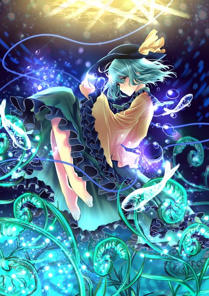 Anime picture 2480x3507 with touhou komeiji koishi hysteria single tall image highres short hair green eyes barefoot green hair bare legs underwater girl dress plant (plants) hat bubble (bubbles)