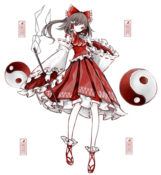 Anime picture 3681x4006 with touhou hakurei reimu yutapon single long hair tall image looking at viewer fringe highres simple background red eyes brown hair white background holding absurdres full body ponytail traditional clothes japanese clothes pleated skirt