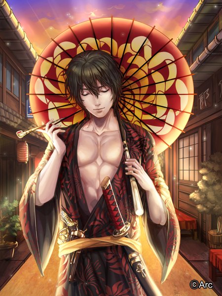 Anime picture 1440x1920 with bbbox (hotpppink) single tall image fringe short hair black hair eyes closed traditional clothes japanese clothes lips evening sunset walking boy weapon plant (plants) sword katana gun umbrella