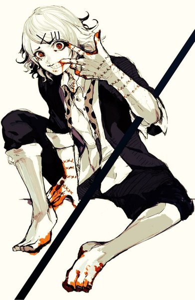 Anime picture 668x1024 with tokyo ghoul studio pierrot suzuya juuzou niwakamarupaka single tall image looking at viewer short hair simple background red eyes white background sitting white hair teeth no shoes eyebrows open collar twisty sleeves sleeves rolled up boy