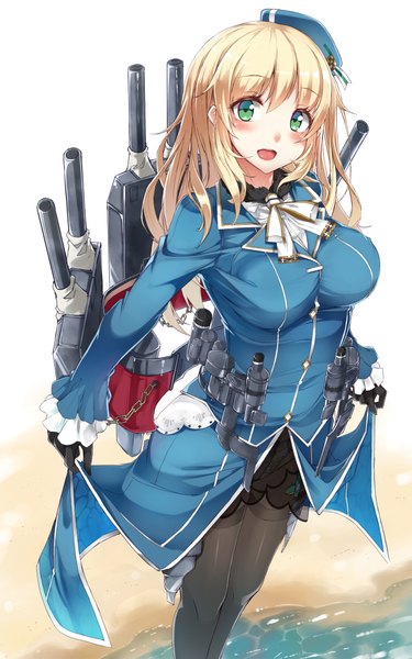 Anime picture 1428x2285 with kantai collection atago heavy cruiser nanahara fuyuki single long hair tall image looking at viewer blush breasts open mouth blonde hair large breasts green eyes beach girl skirt gloves weapon pantyhose black gloves