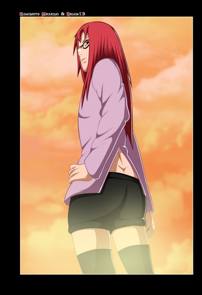 Anime picture 1024x1494 with naruto studio pierrot naruto (series) karin (naruto) raijin13 single long hair tall image red eyes sky cloud (clouds) red hair looking back hand on hip coloring girl thighhighs black thighhighs glasses shorts