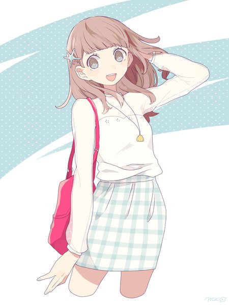 Anime picture 899x1200 with original maco22 single long hair tall image blush fringe open mouth blue eyes brown hair signed looking away wind plaid skirt girl skirt hair ornament hairclip pendant bag