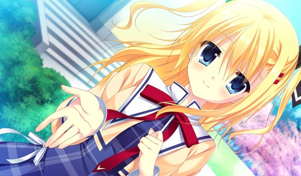 Anime picture 1024x600 with da capo iii morizono rikka tanihara natsuki single long hair looking at viewer blush blue eyes blonde hair smile wide image game cg girl uniform ribbon (ribbons) hair ribbon school uniform