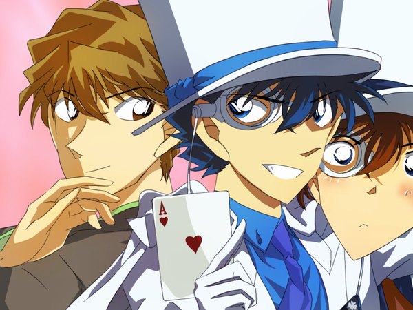 Anime picture 1600x1200 with detective conan tagme (character) kaito kid afuru (artist) short hair blue eyes smile brown hair brown eyes blue hair back to back gloves hat necktie card (cards) top hat monocle