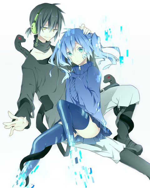 Anime picture 1400x1750 with kagerou project shaft (studio) ene (kagerou project) konoha (kagerou project) kuroha umigumo yuuna long hair tall image fringe black hair simple background smile white background sitting twintails yellow eyes blue hair looking away bent knee (knees) ponytail