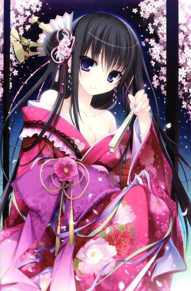Anime picture 2291x3480 with karory single long hair tall image looking at viewer highres blue eyes black hair smile bare shoulders traditional clothes japanese clothes hair flower scan girl hair ornament flower (flowers) petals kimono obi