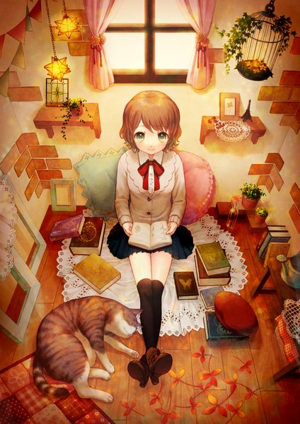 Anime picture 2893x4092 with original megumu single tall image looking at viewer highres short hair smile brown hair sitting holding green eyes indoors pleated skirt from above brick wall empty picture frame girl thighhighs skirt