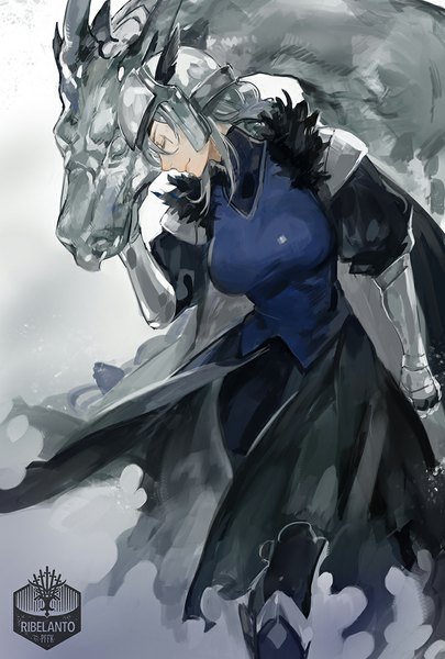 Anime picture 743x1100 with original pixiv fantasia pixiv fantasia fallen kings noir (ibaraki) single tall image fringe short hair breasts large breasts standing eyes closed light smile grey hair girl dress armor feather (feathers) helmet dragon