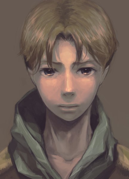 Anime picture 1084x1500 with final fantasy final fantasy tactics square enix ramza beoulve asahi (pixiv) single tall image short hair simple background brown hair black eyes realistic brown background boy