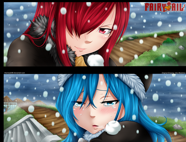 Anime picture 2000x1532 with fairy tail erza scarlet juvia lockser themisaki66 long hair blush fringe highres open mouth blue eyes smile red eyes multiple girls blue hair sky cloud (clouds) red hair hair over one eye inscription coloring