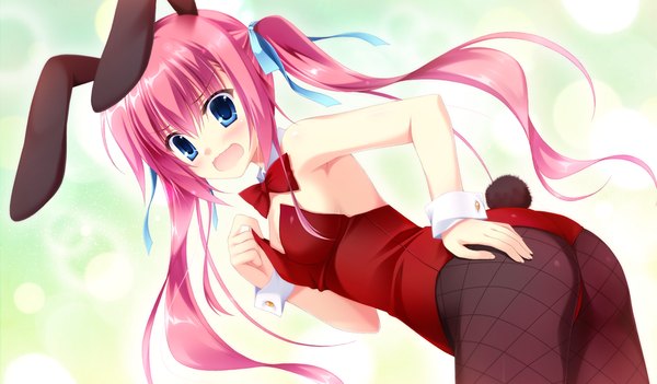 Anime picture 1024x600 with da capo iii long hair blush open mouth blue eyes light erotic wide image twintails pink hair game cg bunny ears girl ribbon (ribbons) hair ribbon bunnysuit