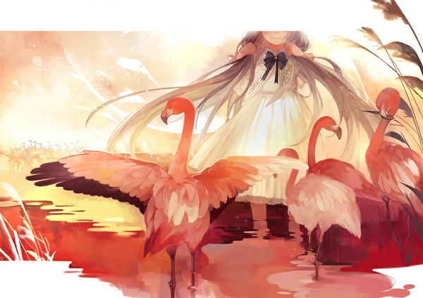 Anime picture 1000x708 with original nineo single long hair smile grey hair flock girl dress plant (plants) animal water bird (birds) flamingo