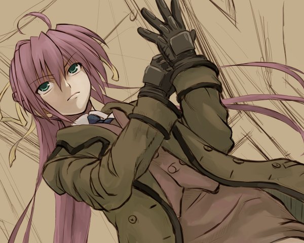 Anime picture 1280x1024 with mahou shoujo lyrical nanoha mahou shoujo lyrical nanoha strikers signum nakayama yukiji single fringe hair between eyes green eyes payot looking away pink hair upper body ahoge serious sketch adjusting clothes adjusting gloves girl gloves bow