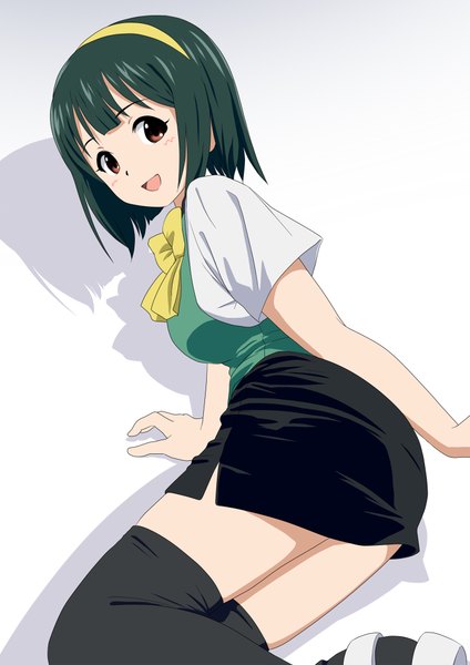 Anime picture 706x1000 with idolmaster otonashi kotori ponnetsu single tall image looking at viewer short hair open mouth brown eyes green hair shadow girl thighhighs skirt black thighhighs hairband