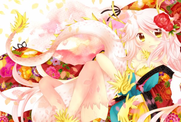 Anime picture 2500x1688 with original sorakase sawa (artist) single long hair looking at viewer blush highres open mouth yellow eyes pink hair tail japanese clothes hair flower legs girl gloves hair ornament petals
