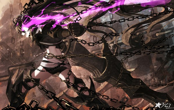 Anime picture 1800x1145 with black rock shooter black rock shooter (character) qys3 single fringe highres open mouth black hair hair between eyes standing purple eyes signed looking away very long hair profile floating hair glowing glowing eye (eyes) broken restrained