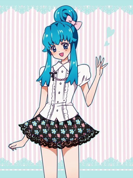 Anime picture 600x800 with precure happinesscharge precure! toei animation shirayuki hime kagami chihiro single long hair tall image fringe blue eyes payot blue hair looking away hair bun (hair buns) puffy sleeves eyebrows striped alternate hairstyle striped background girl
