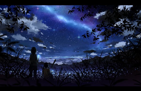 Anime picture 900x582 with original bokuden long hair standing sitting twintails multiple girls sky cloud (clouds) from behind night night sky low twintails horizon mountain landscape girl 2 girls plant (plants) tree (trees)