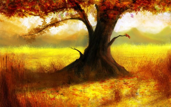 Anime picture 1280x805 with andes sudo (artist) no people landscape autumn nature field plant (plants) tree (trees) grass