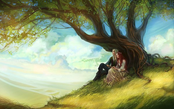 Anime picture 1600x1006 with anndr (artist) long hair brown hair sitting bare shoulders looking away sky silver hair cloud (clouds) white hair orange hair couple hug holding hands panorama girl dress boy skirt plant (plants)