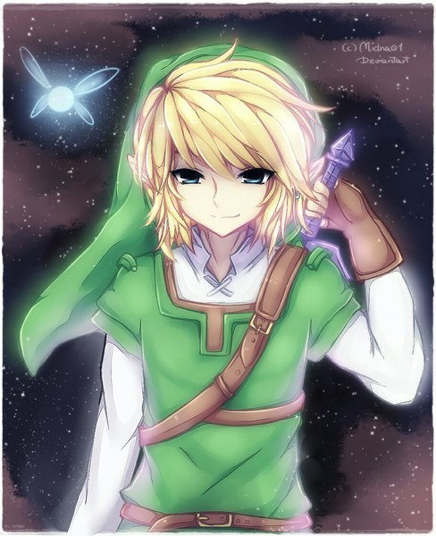 Anime picture 909x1118 with the legend of zelda nintendo link navi midna01 single tall image fringe short hair blue eyes blonde hair light smile pointy ears elf boy weapon sword clothes
