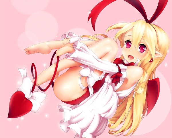 Anime picture 2400x1920 with disgaea flonne flonne (fallen angel) arantheus single long hair highres open mouth light erotic blonde hair red eyes pointy ears legs girl dress bow detached sleeves wings