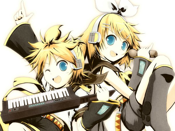 Anime picture 1024x768 with vocaloid kagamine rin kagamine len hirobakar one eye closed wink back to back girl musical instrument keyboard (instrument) keytar