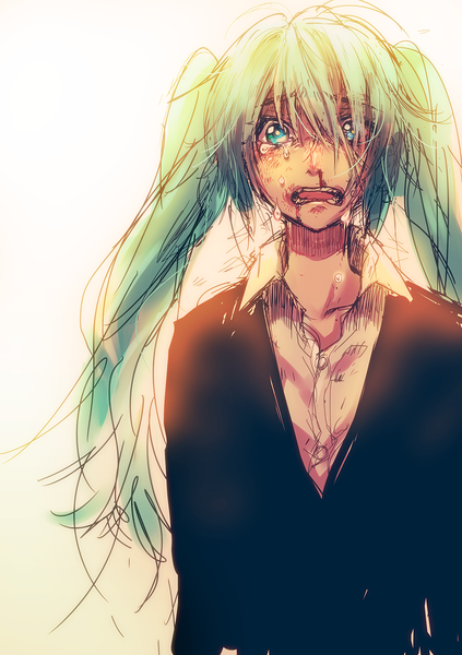 Anime picture 857x1215 with vocaloid rolling girl (vocaloid) hatsune miku matsuda toki single long hair tall image looking at viewer open mouth simple background white background twintails aqua eyes aqua hair tears open collar crying blood stains nosebleed girl
