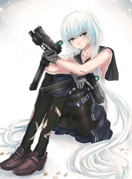 Anime picture 650x881 with original panzer single tall image looking at viewer blush blue eyes light erotic sitting bare shoulders holding blue hair bent knee (knees) white hair very long hair pleated skirt torn pantyhose girl skirt gloves