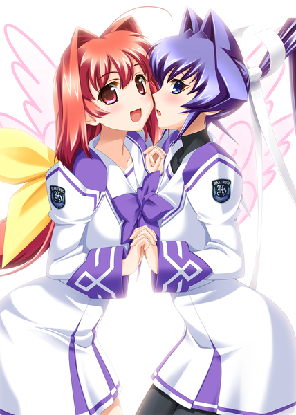 Anime picture 2976x4175 with muv-luv mitsurugi meiya kagami sumika long hair tall image blush highres open mouth blue eyes simple background red eyes white background multiple girls blue hair ponytail red hair girl uniform ribbon (ribbons) 2 girls
