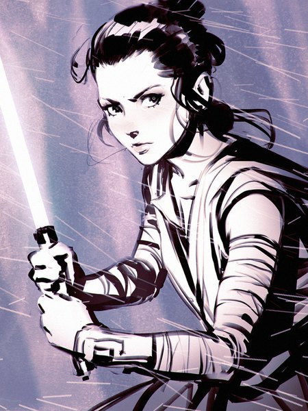 Anime picture 1080x1440 with star wars star wars: the force awakens rey (star wars) ilya kuvshinov single tall image looking at viewer short hair hair bun (hair buns) serious polychromatic science fiction jedi girl weapon sword energy sword lightsaber