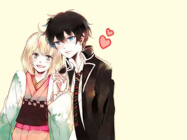 Anime picture 1024x768 with ao no exorcist a-1 pictures okumura rin moriyama shiemi blush short hair open mouth blue eyes black hair blonde hair simple background pointy ears grey eyes couple holding hands open collar girl boy necktie heart