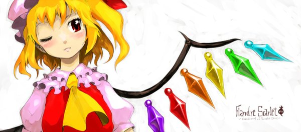 Anime picture 1250x551 with touhou flandre scarlet oso (pixiv) single blush short hair simple background blonde hair red eyes wide image white background one eye closed wink girl wings crystal