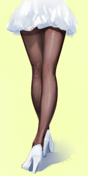 Anime picture 423x845 with original kisei2 single tall image light erotic simple background standing from behind high heels legs yellow background shiny clothes crossed legs (standing) girl dress pantyhose white dress black pantyhose short dress thighband pantyhose