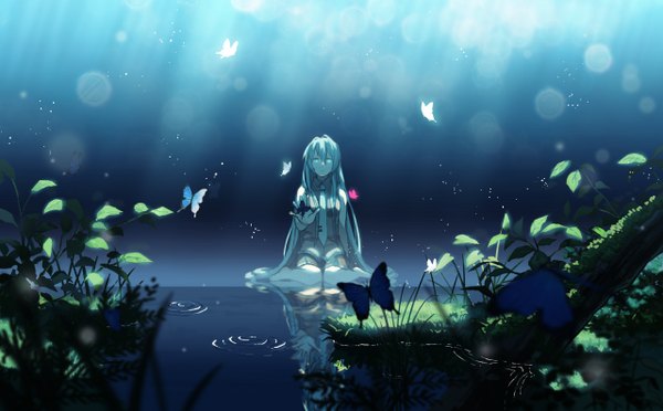 Anime picture 1280x794 with vocaloid hatsune miku amemura single looking at viewer wide image sitting very long hair barefoot aqua eyes aqua hair wariza light girl skirt plant (plants) miniskirt tree (trees) water necktie