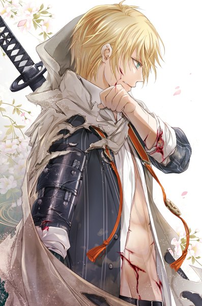 Anime picture 900x1360 with touken ranbu nitroplus yamanbagiri kunihiro yamagami sayaka single tall image short hair blue eyes blonde hair standing profile aqua eyes open clothes torn clothes cherry blossoms looking down clenched teeth twisty sleeves bleeding boy