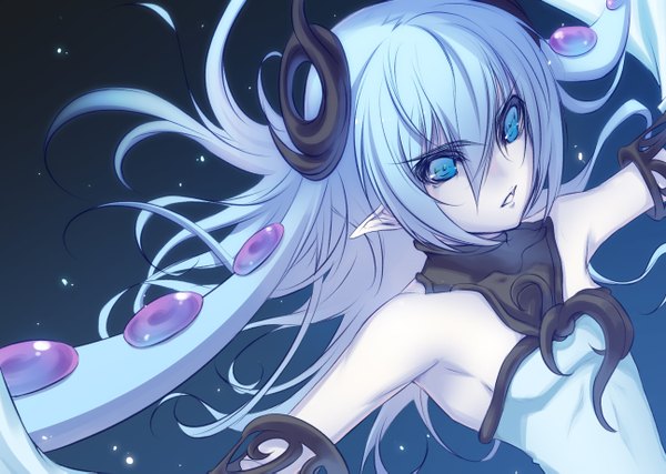 Anime picture 1294x923 with original ruriikura long hair fringe open mouth blue eyes bare shoulders blue hair pointy ears amputee