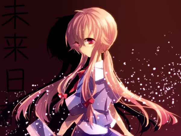 Anime picture 1600x1200 with mirai nikki gasai yuno nishina (alive001) single long hair red eyes twintails pink hair low twintails red background girl uniform bow hair bow school uniform shirt