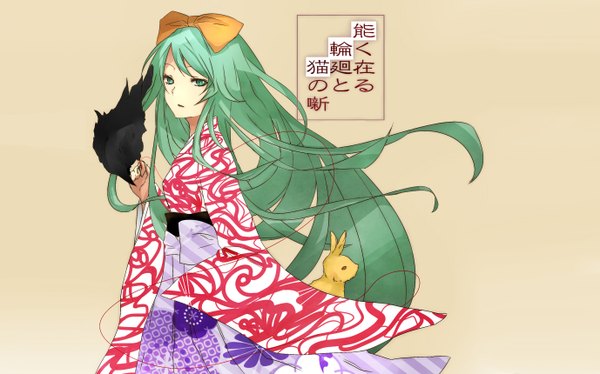 Anime picture 1378x860 with vocaloid hatsune miku gmanee long hair simple background wide image green eyes japanese clothes green hair girl bow hair bow animal bird (birds) bunny crow